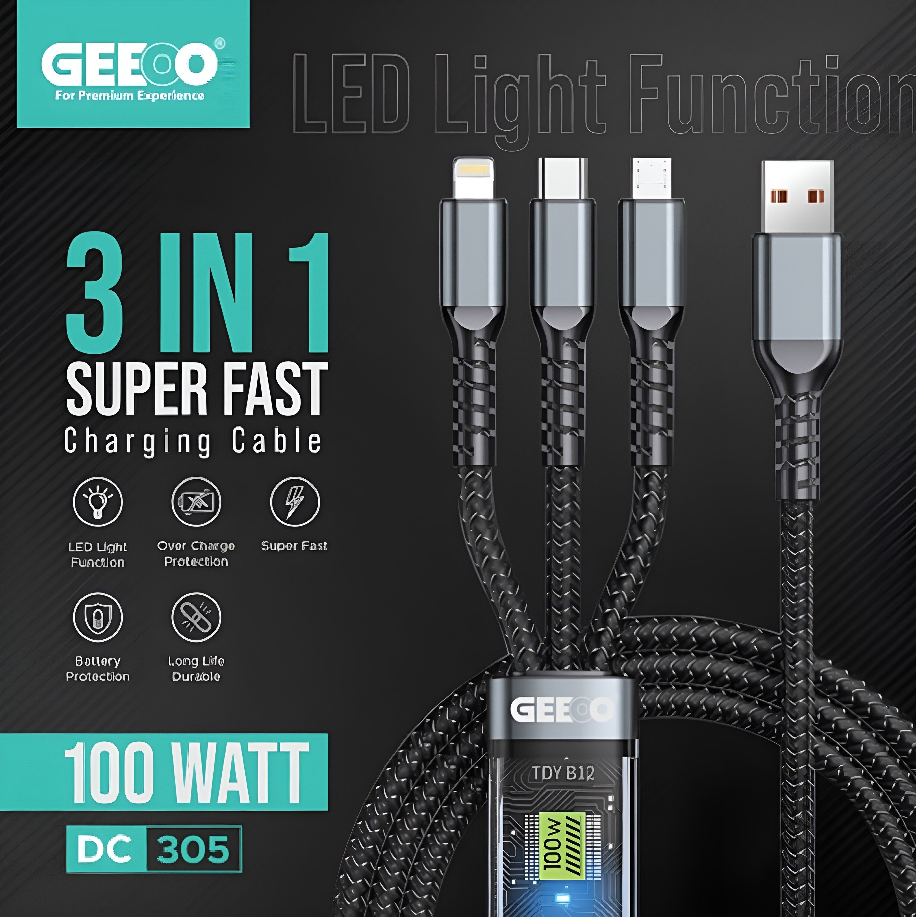 Geeoo DC 305 3 in 1 Super Fast  Charging Cable 1M Long  100W Safe Charge