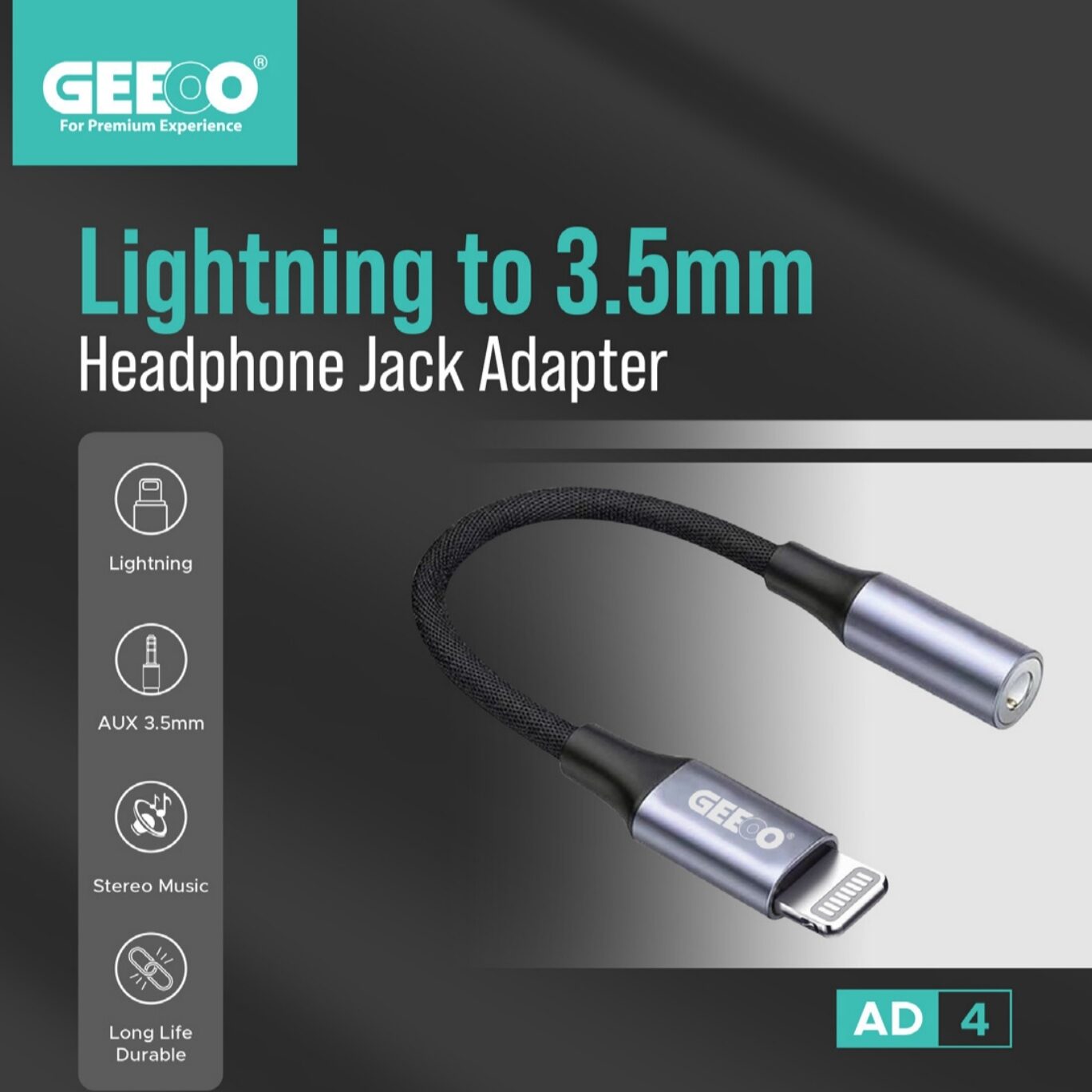 Geeoo AD 4 Lightning to 3.5mm  Headphone Jack  Adapter