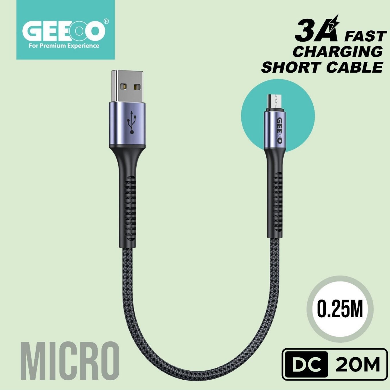 Geeoo DC 20M 3A Fast Charging Short  (Micro) Data Cable