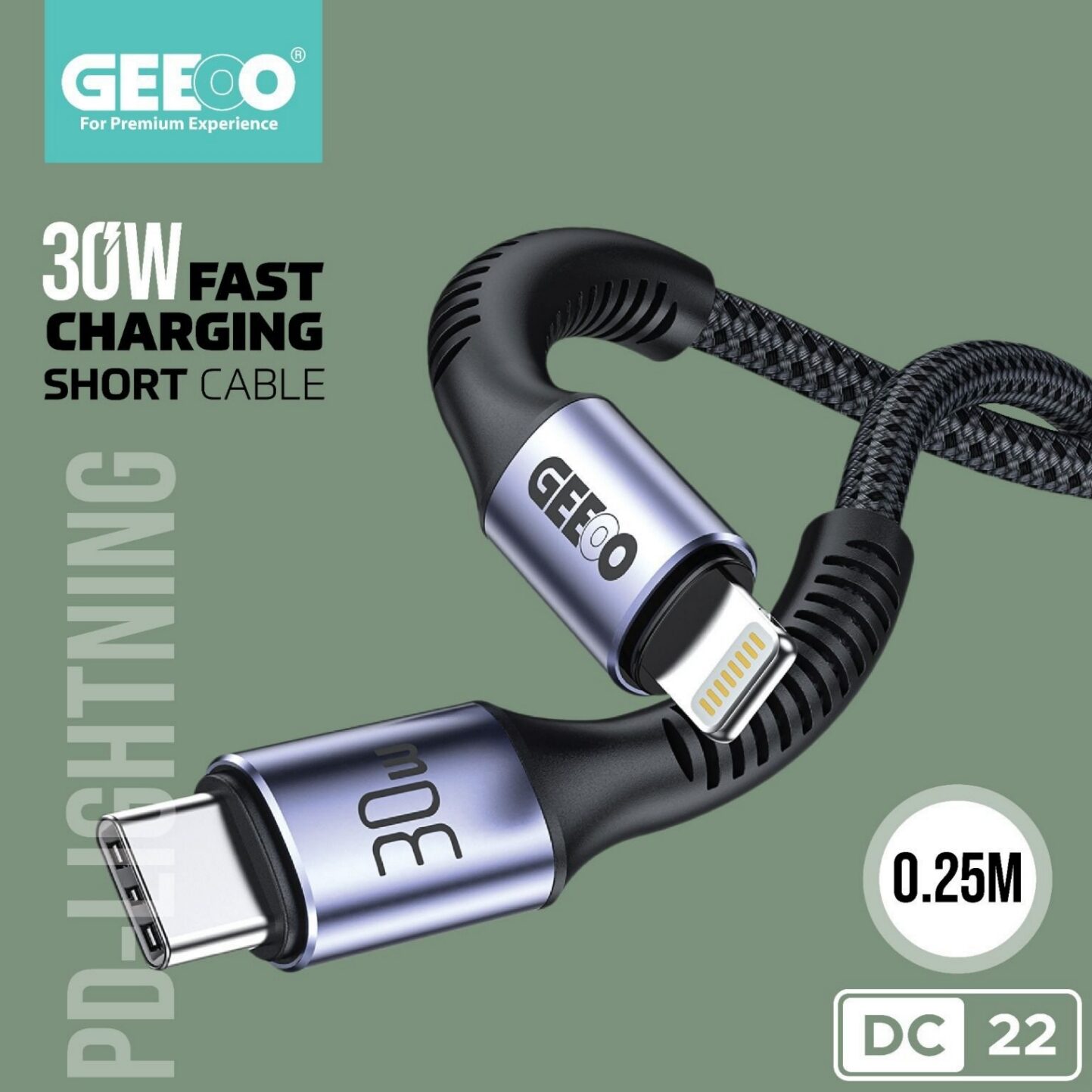 Geeoo DC 22 30W Fast Charging Short  (PD-L) Data Cable