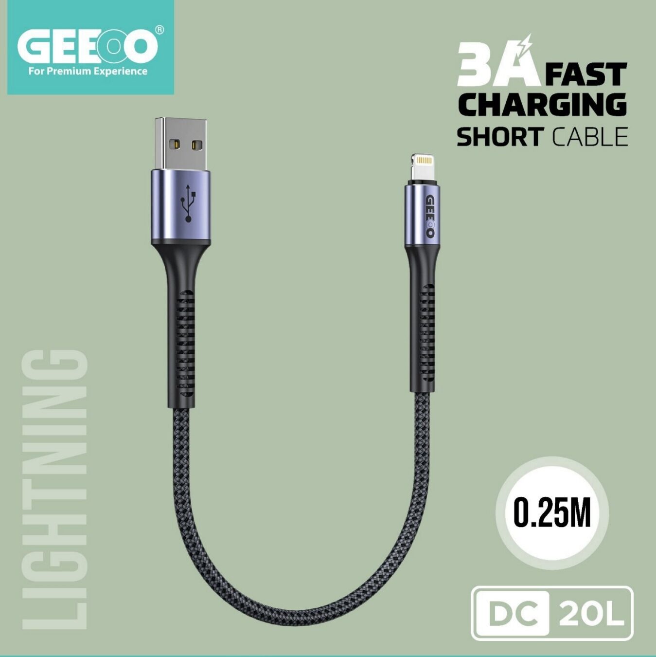 Geeoo DC 20L 3A Fast Charging Short  (Lightning) Data Cable