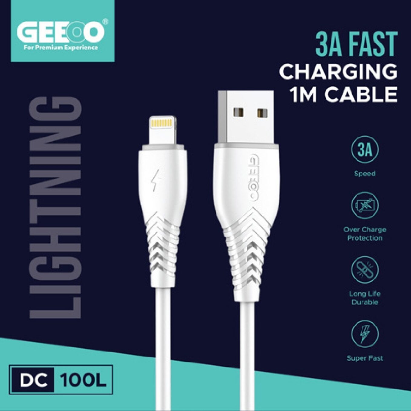 Geeoo DC 200L Fast Charging Pure Copper  1M Long (Lightning) Data  Cable 3.4A Safe Charge