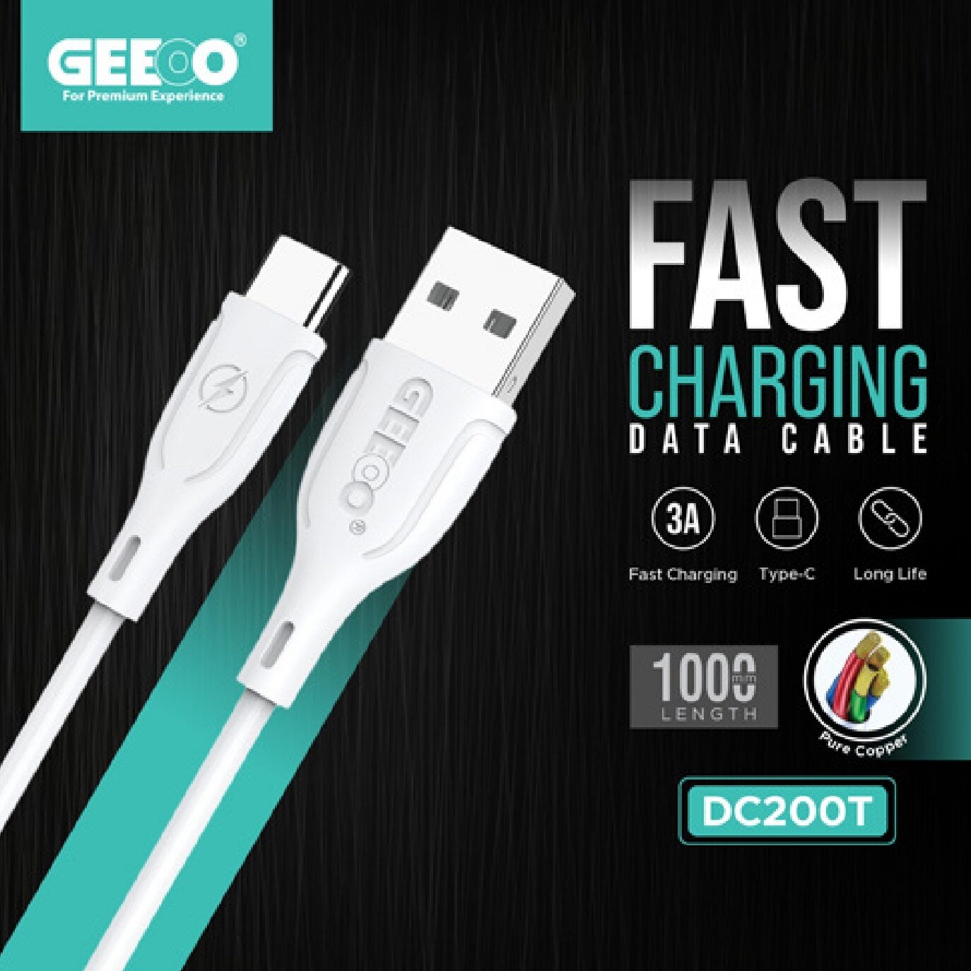 Geeoo DC 200T Fast Charging Pure Copper  1M Long (Type-C) Data  Cable 3.4A Safe Charge