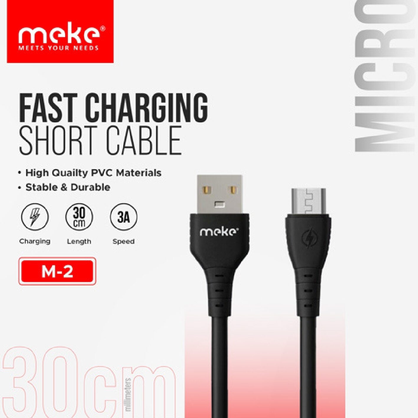 Meke m2 micro usb data cable Fast Charging (Micro)  30CM Short Cable 3A  Safe Charge