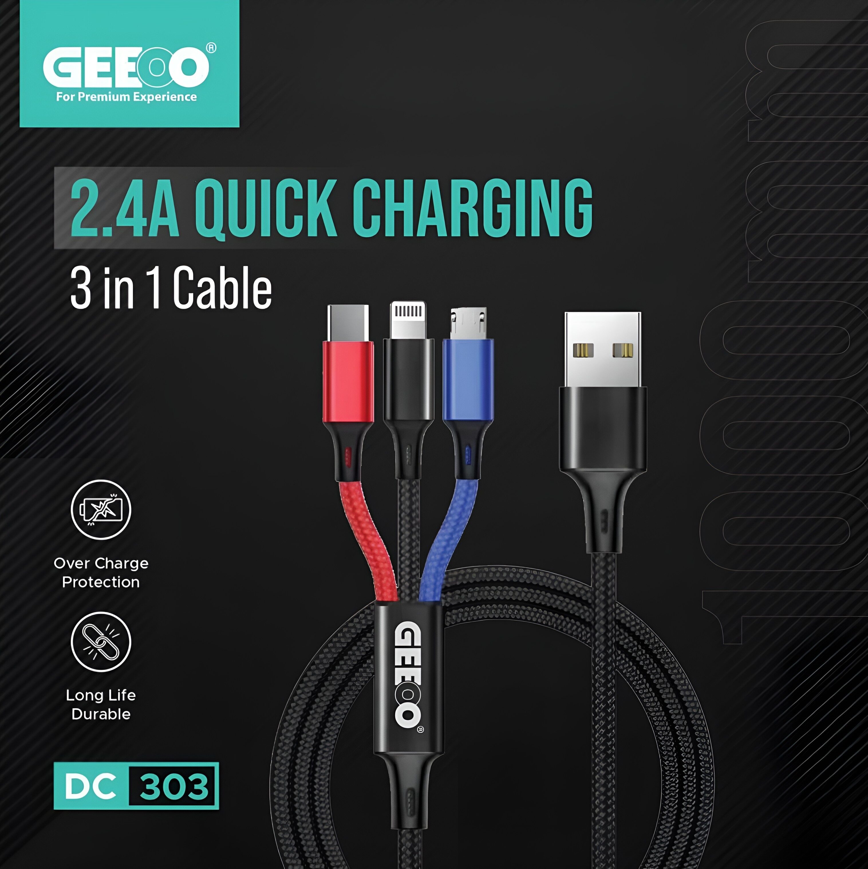 Geeoo DC303 2.4A Fast Charging 3  in 1 Cable 1M Long