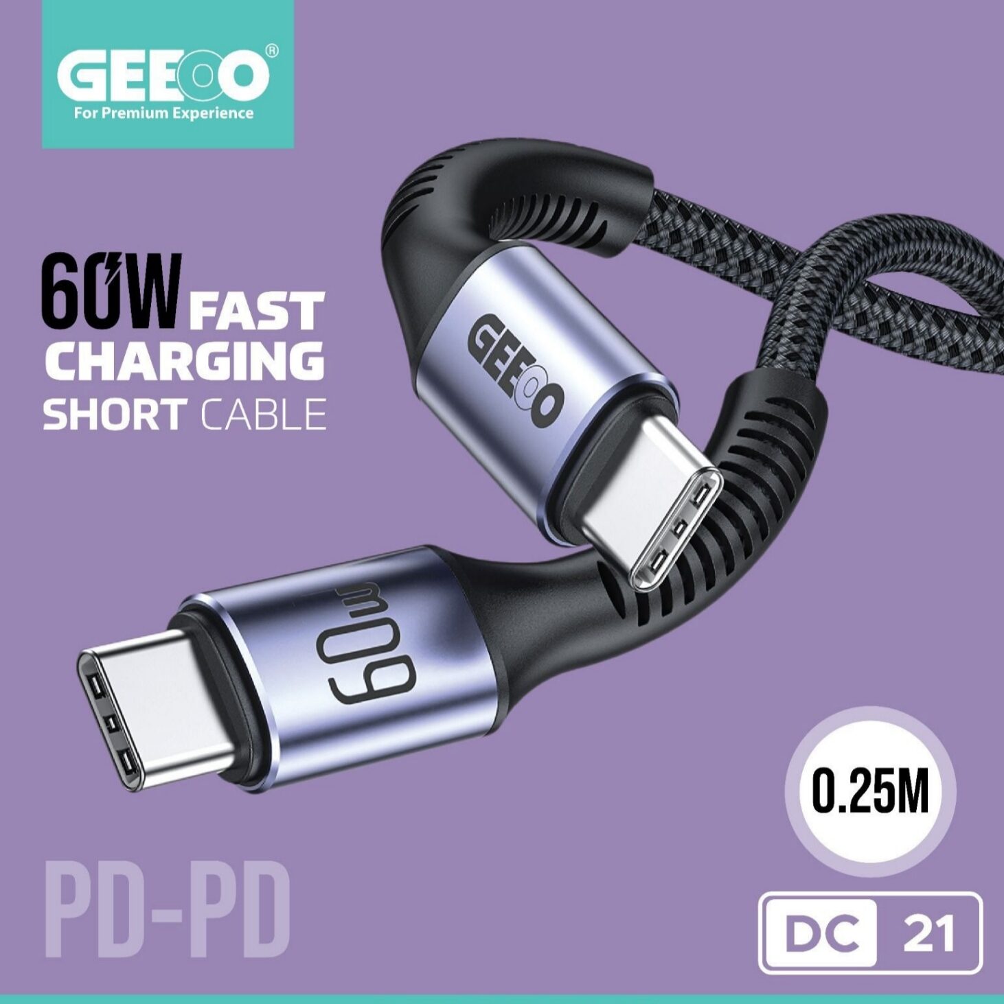 Geeoo DC 21 60W Fast Charging Short  (PD-PD) Data Cable
