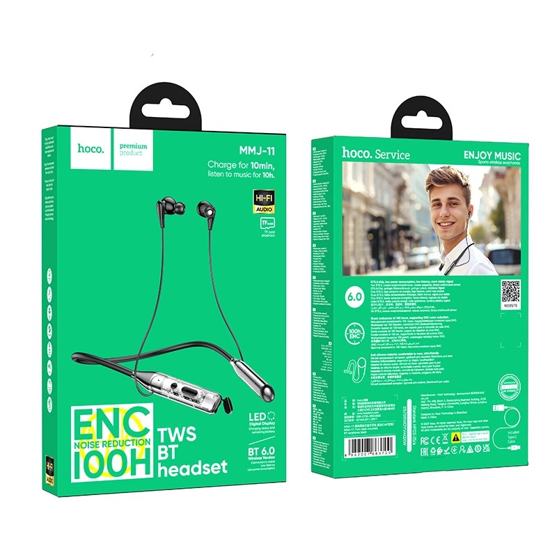 Hoco MMJ11 ENC Bluetooth Neckband Earphone | 100 Hours Music