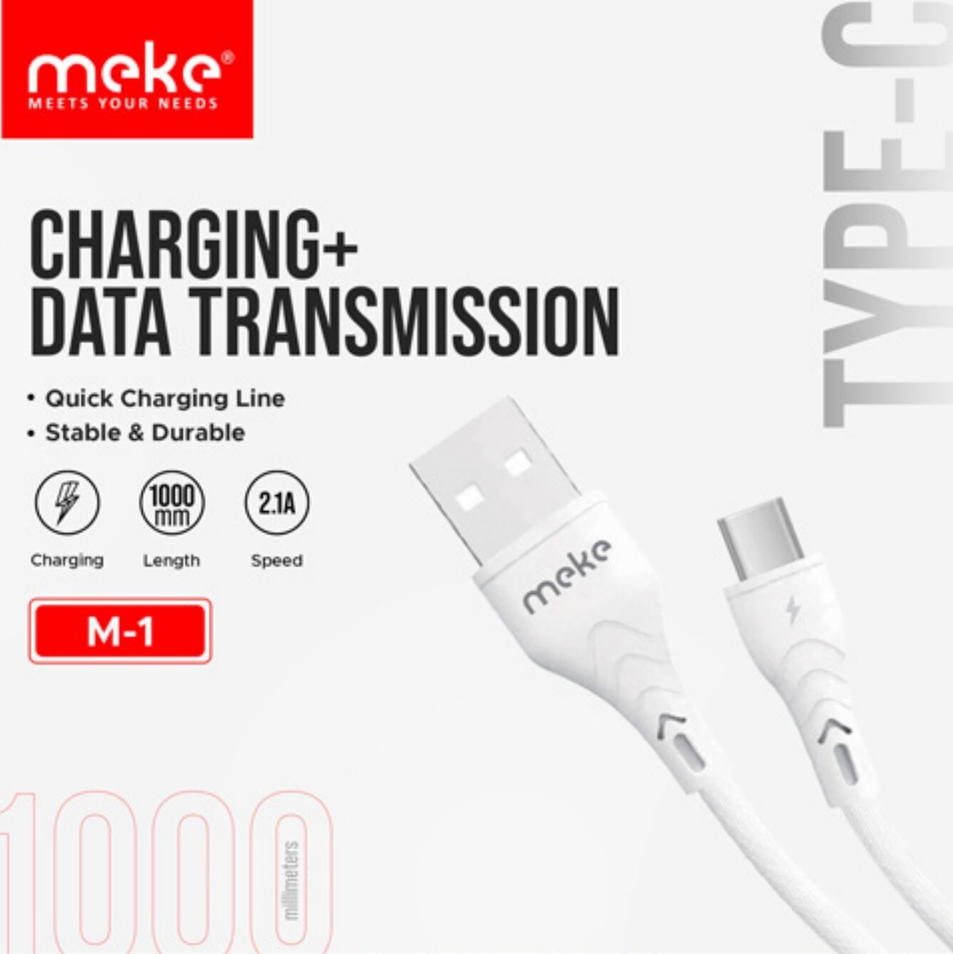 Meke m1 type c data cable Quick Charging 1M  Long (Type-C) Data  Cable 2.1A Safe Charge