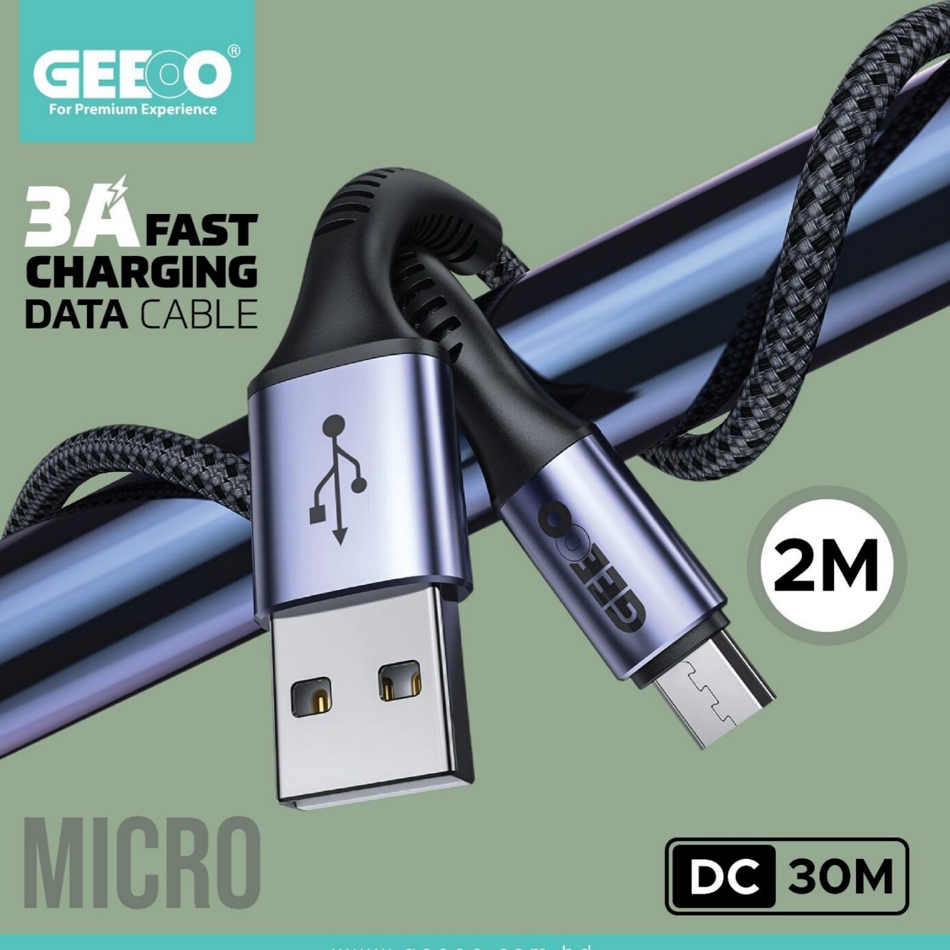 Geeoo DC 30M 3A Fast Charging 2M Long  (Micro) Data Cable