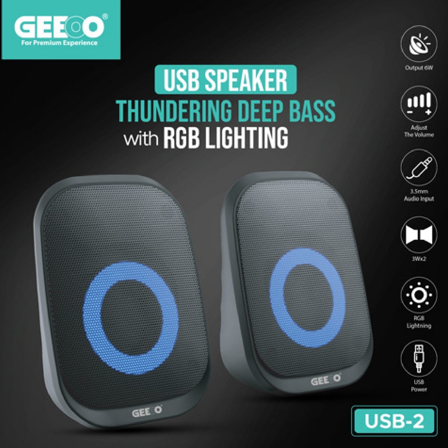 Geeoo USB 2 USB Speaker  Thundering Deep Bass  With RGB Lighting