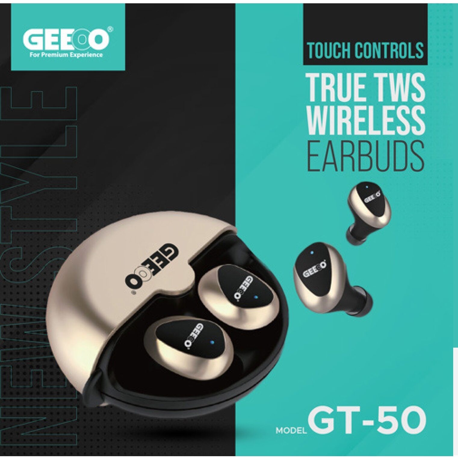 Geeoo GT 50 New Style True TWS  Touch Control  Wireless Earbuds