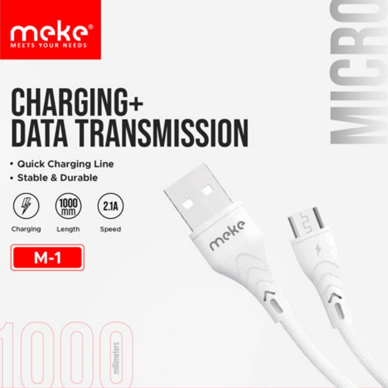Meke m1 micro cable Quick Charging 1M  Long (Micro) Data  Cable 2.1A Safe Charge