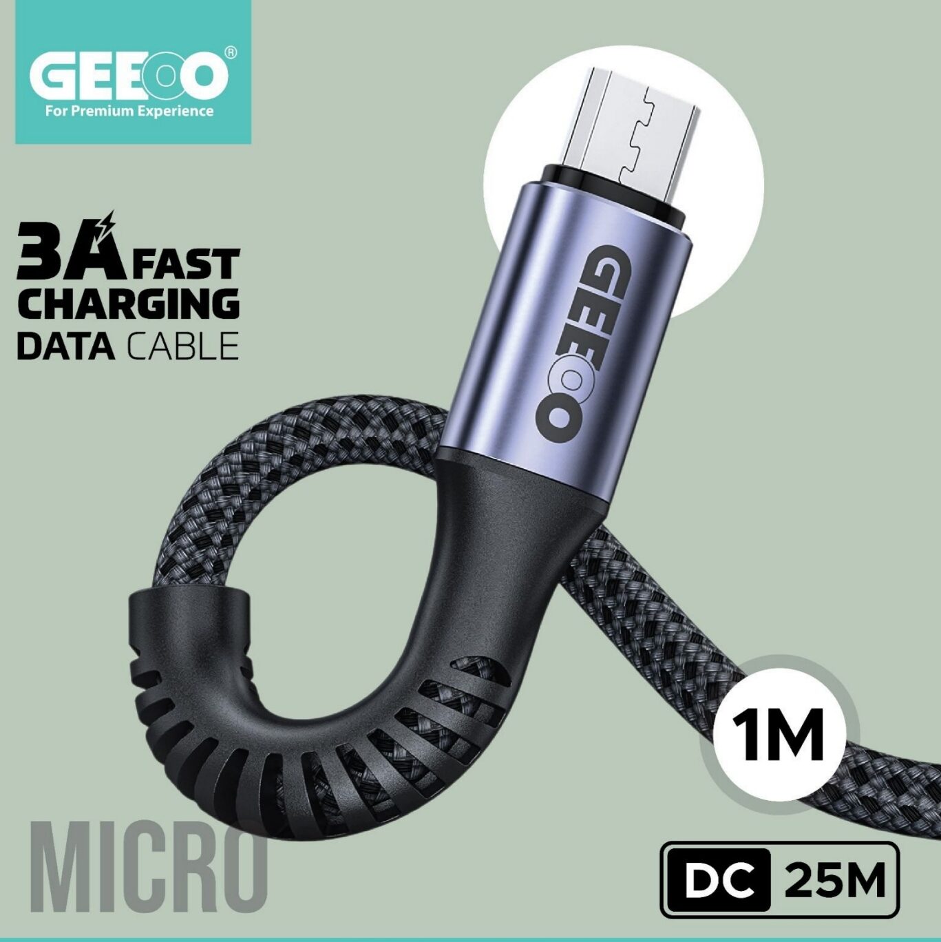 Geeoo DC 25M 3A Fast Charging 1M Long  (Micro) Data Cable